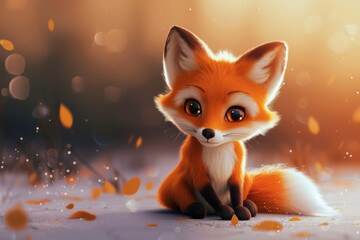 Fluffy fox perched is sitting of snow-covered ground, looking around with sense of curiosity, 3D character