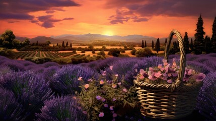 A vast lavender field during sunset. A woven basket filled with flowers is placed amidst the lavender blooms. 