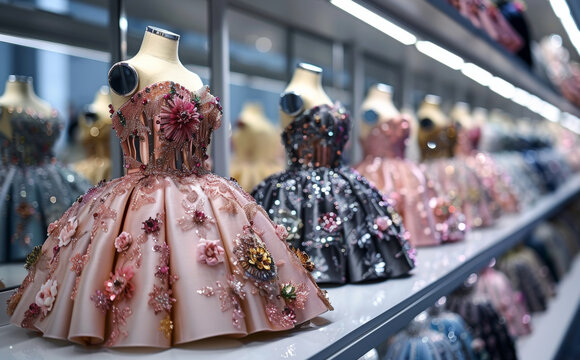 Row of dresses on display. Branded goods on display in stores