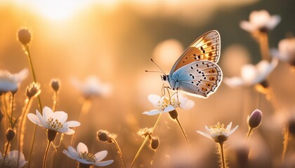 macro close up photograph of butterfly on wildflowers beautiful nature background - Powered by Adobe