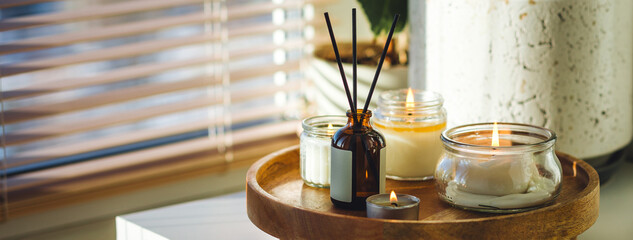 Home aroma reed diffuser. Aromatherapy, relaxation, essential oil for cozy atmosphere. Evening...