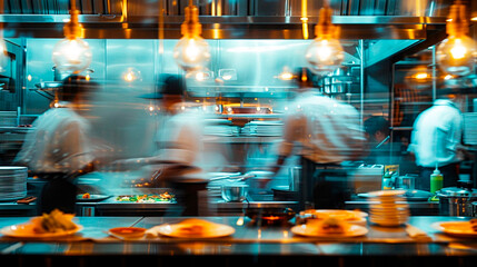 Blurred kitchen restaurant with people working behind glass wall, Chef and sous chef , generated AI