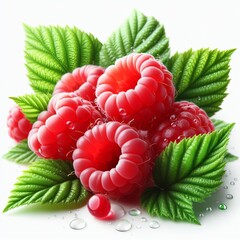 Red ripe raspberries with leaves on a white background for design