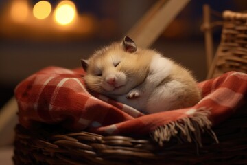 Cute fat hamster sleeps on a red checkered blanket in a wicker basket