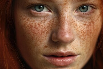 Close-up of a woman's face with red freckles and a half smile
