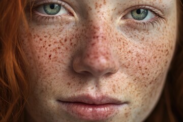 Close up portrait of a woman with freckles. Skin care
