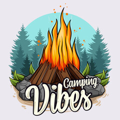 Hand drawn camping vibes with fire over trees and sunset, Mounting outdoor adventure and hiking