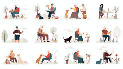 Set of scenes about elderly people with pets flat s