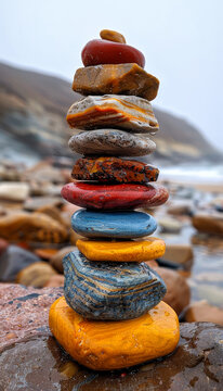 Tower of colorful rocks. Zen stones stacked on each other