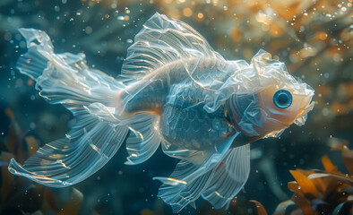 Fish swims in plastic bag in the ocean. Environmental pollution