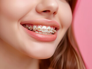 Fototapeta premium Braces on the teeth of a beautiful girl for a perfect smile.