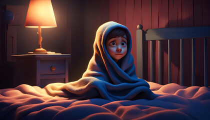 ein Kind Junge sitzt nachts unter einer Bettdecke ängstlich halb versteckt im Bett in einem Kinderzimmer und fürchtet sich vor etwas, Alptraum träumen fürchten Angst schlaflos verängstigt 