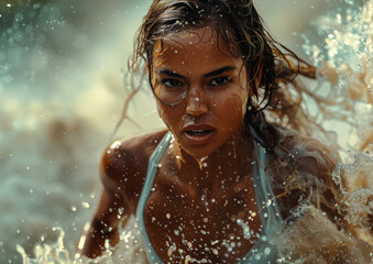 Obraz premium Woman running through the water with her hair and body covered in water