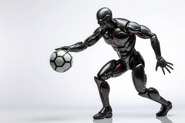 Full-length portrait of a robot in a dynamic pose playing with a ball