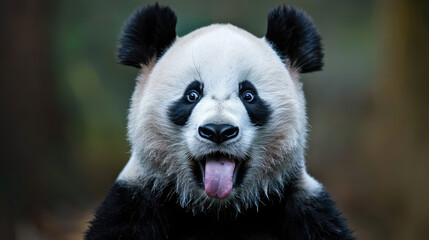 Obraz premium Cute expression of a panda. portrait of a panda facing the camera while sticking out its tongue