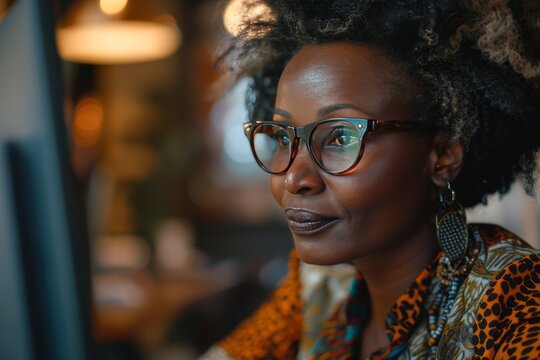 Elegant senior businesswoman wearing chic glasses and African print clothes looking at data
