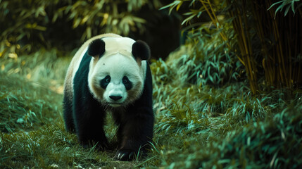 Portrait of a big panda walking in a natural habitat bamboo forest. Pandas are protected animals