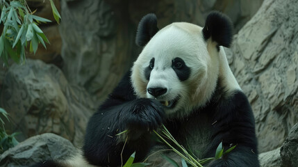 Obraz premium Enchanting sight as the panda relishes its meal with sheer delight.