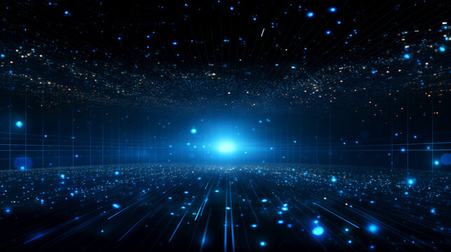 Illustration of digital universe, or metaverse, expansive array of glowing blue particles and lines against deep black background, concepts for big data, and vastness of cybernetic cosmos