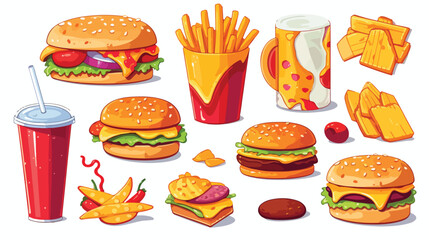 Set of unhealthy junk food. Fastfood icons of burge