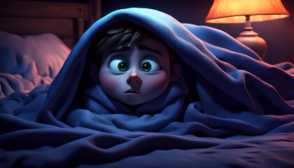 ein Kind Junge liegt nachts unter einer Bettdecke ängstlich halb versteckt im Bett in einem Kinderzimmer und fürchtet sich vor etwas, Alptraum träumen fürchten Angst schlaflos verängstigt 