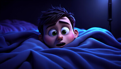 ein Kind Junge liegt nachts unter blaue Bettdecke ängstlich halb versteckt eingewickelt im Bett und fürchtet sich vor etwas, Alptraum träumen fürchten Angst schlaflos verängstigt 