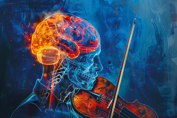 The image highlights the activation of specific brain areas during violin playing, illustrating the connection between musical activity and cognitive functions.