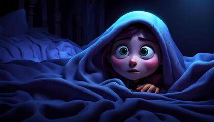 ein Kind Mädchen liegt nachts unter einer Bettdecke ängstlich halb versteckt im Bett in einem Kinderzimmer und fürchtet sich vor etwas, Alptraum träumen fürchten Angst schlaflos verängstigt 