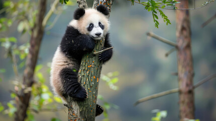 Adorable portrait of a panda enthusiastically climbing a tree in the local zoo.
