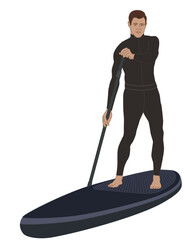 paddleboarding paddle boarding SUP, male standup paddler, wearing a wetsuit, paddling isolated on a white background