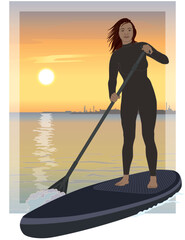 paddleboarding paddle boarding SUP, female standup paddler, wearing wetsuit, paddling on calm water with sunset in the background