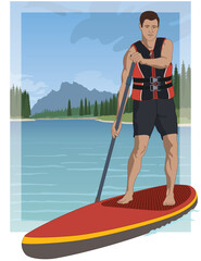 paddleboarding paddle boarding SUP, male standup paddler, wearing a life jacket, paddling on calm water with blue sky in the background