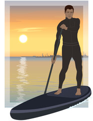 paddleboarding paddle boarding SUP, male standup paddler, wearing wetsuit, paddling on calm water with sunset in the background