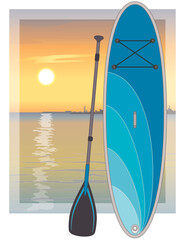 paddleboarding paddle boarding SUP, board and paddle with sunset sky in the background