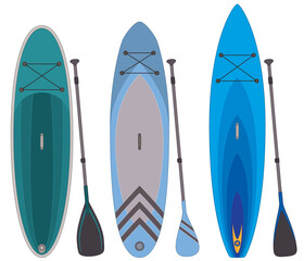 paddleboarding paddle boarding SUP, set of 3 boards and paddles in different styles isolated on a white background