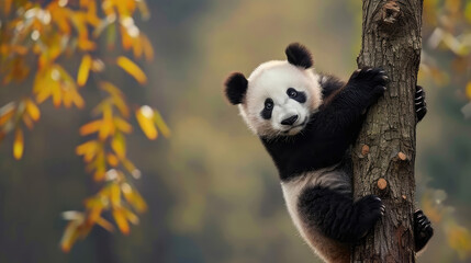 Obraz premium Stunning portrait of a panda gracefully ascending to the top of a tree.