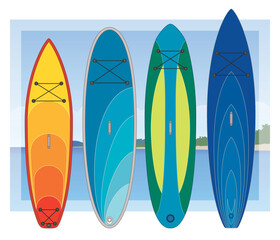 paddleboarding paddle boarding SUP, set of 4 boards and paddles in different styles with sky and water in the background