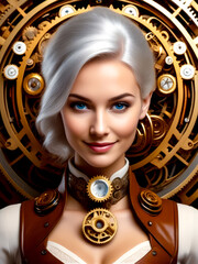 Woman with white hair wearing brown vest and gold clock necklace.