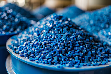 Fototapeta premium Close-up of blue plastic pellets in a recycling facility. AI generated.