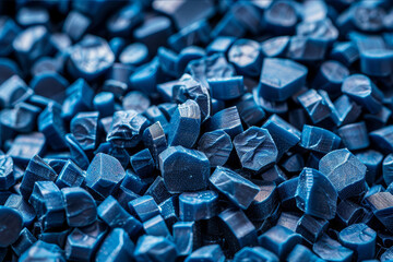 Close-up of blue plastic pellets in a recycling facility. AI generated.