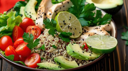 Healthy salad bowl with quinoa, tomatoes, chicken, avocado, lime and mixed greens. Generative Ai