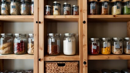 Step into a pantry adorned with glass jars resting on charming rustic wooden shelves, blending efficiency and sustainability with a touch of countryside flair.