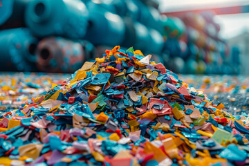 Heap of multicolored recycled plastic flakes with blurred background. AI generated.