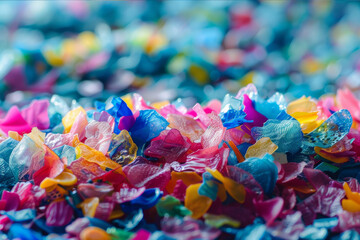 Heap of multicolored recycled plastic flakes with blurred background. AI generated.