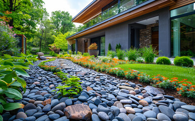 Obraz premium Modern house with garden featuring rock creek bed.