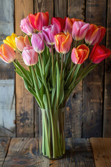 Bouquet of tulips in vibrant colors against a rustic wooden backdrop.