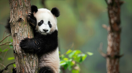 Adorable portrait of a panda climbing a tree with a focused gaze.