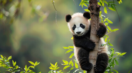 Obraz premium Captivating portrait of a panda climbing a tree gracefully in the local zoo.
