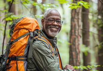 Senior black man smiles while hiking in forest, embracing exercise for wellness and healthy lifestyle. Fresh air invigorates the mature gentleman's face