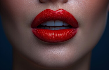 Fototapeta premium Beautiful woman with red lips on dark background